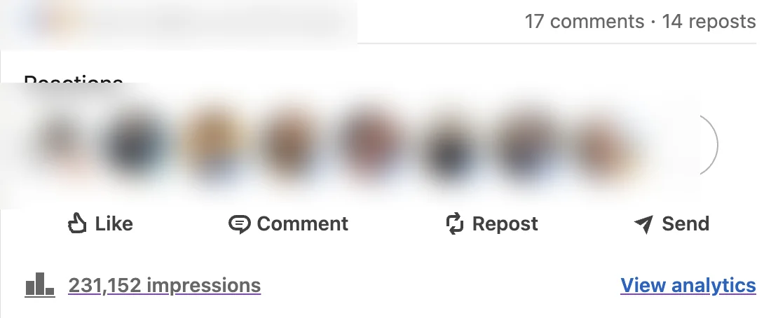 A LinkedIn post showing 231,152 impressions, 17 comments and 14 reposts, with names and faces blurred