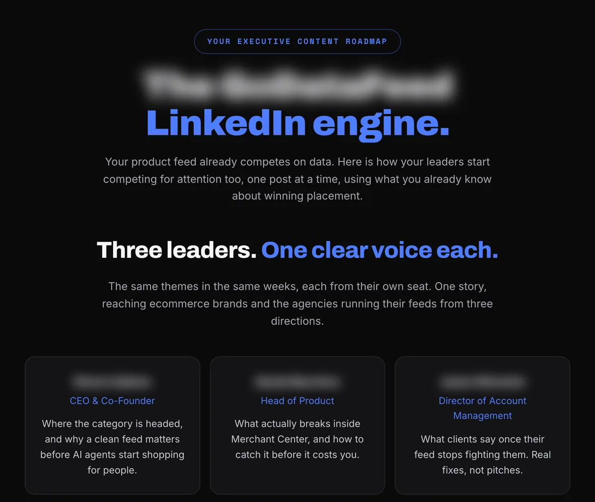 The first page of a real Executive Content Roadmap: three leaders, one clear voice each, names blurred